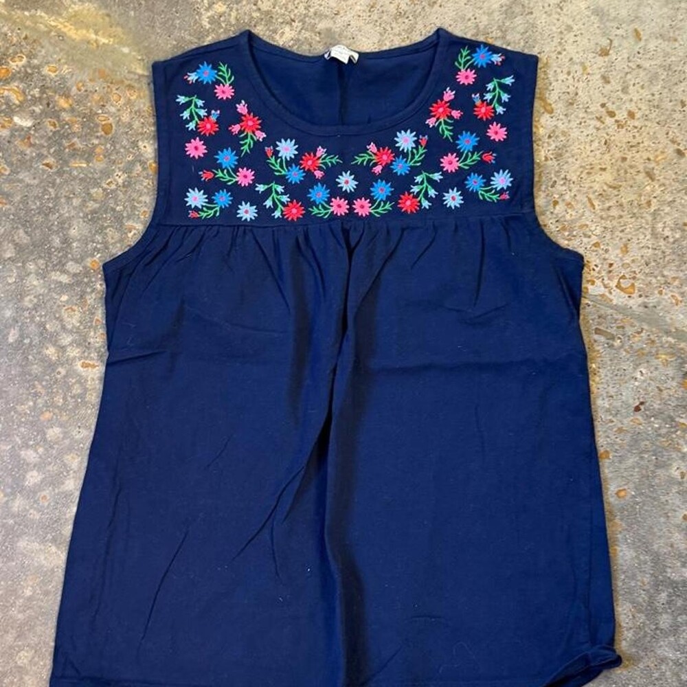 J.Crew navy blue floral embroidered tank Size M #floral #vacation